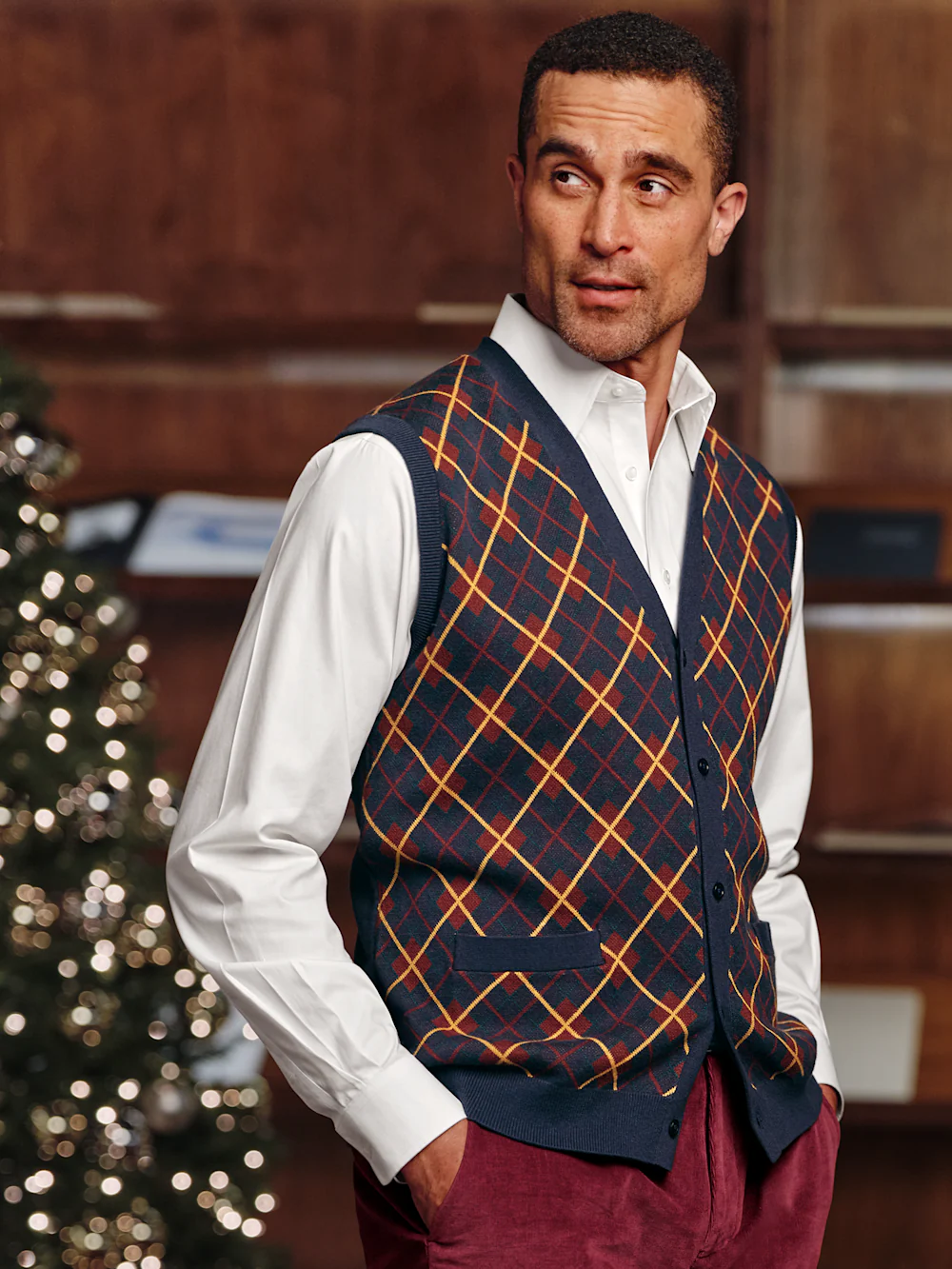 Cotton Button Front V-neck Cardigan Vest - Multi - Image 7
