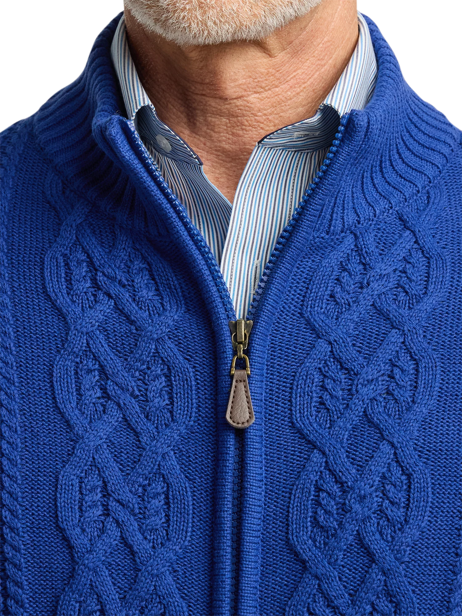 Cotton Cable Full Zip Mock Neck Sweater - Cobalt - Image 3