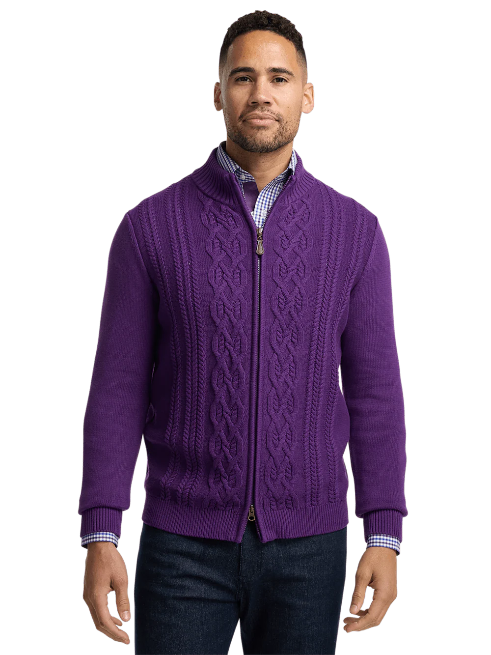 Cotton Cable Full Zip Mock Neck Sweater - Purple - Image 2