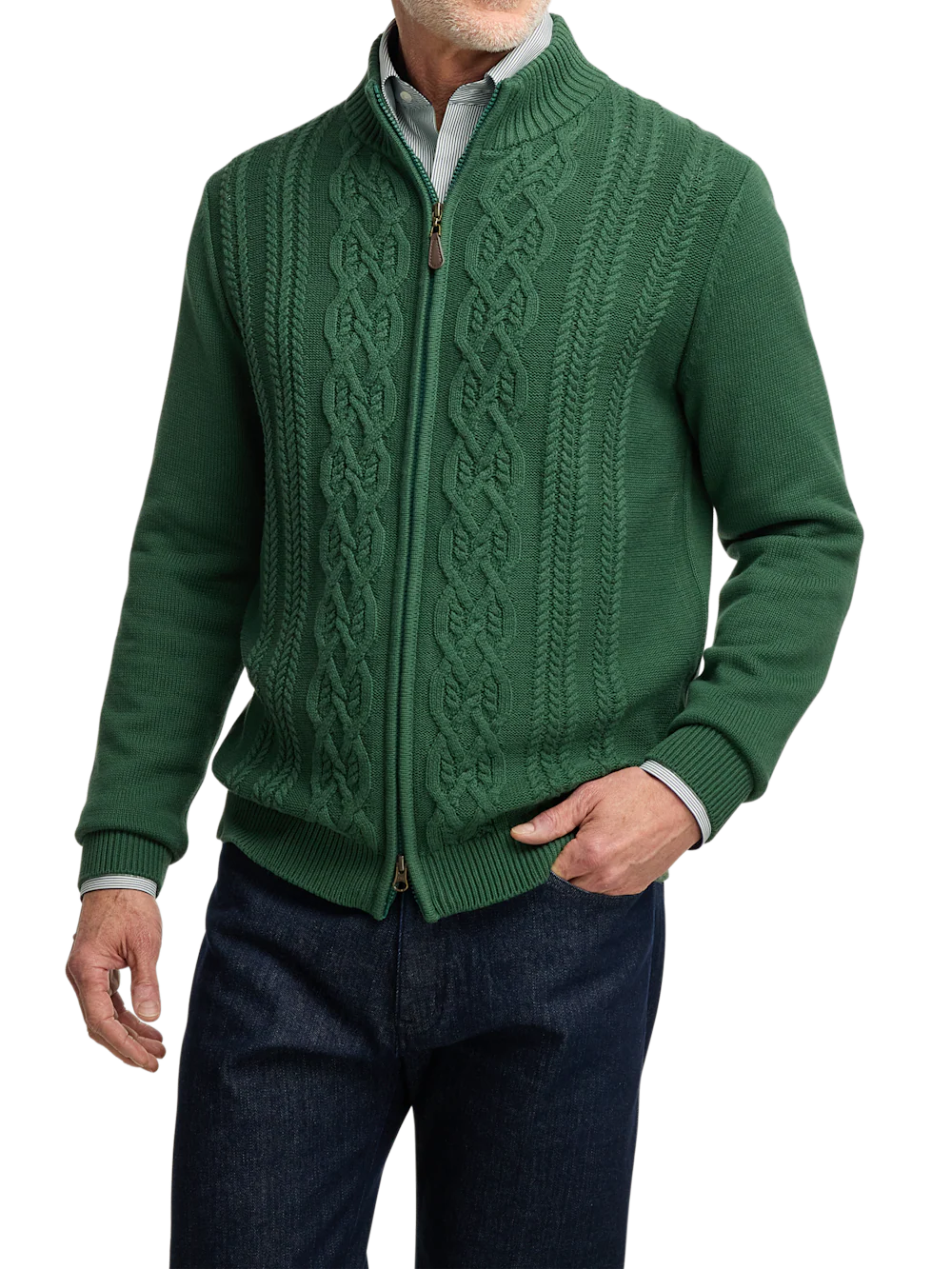 Cotton Cable Full Zip Mock Neck Sweater - Green - Image 2