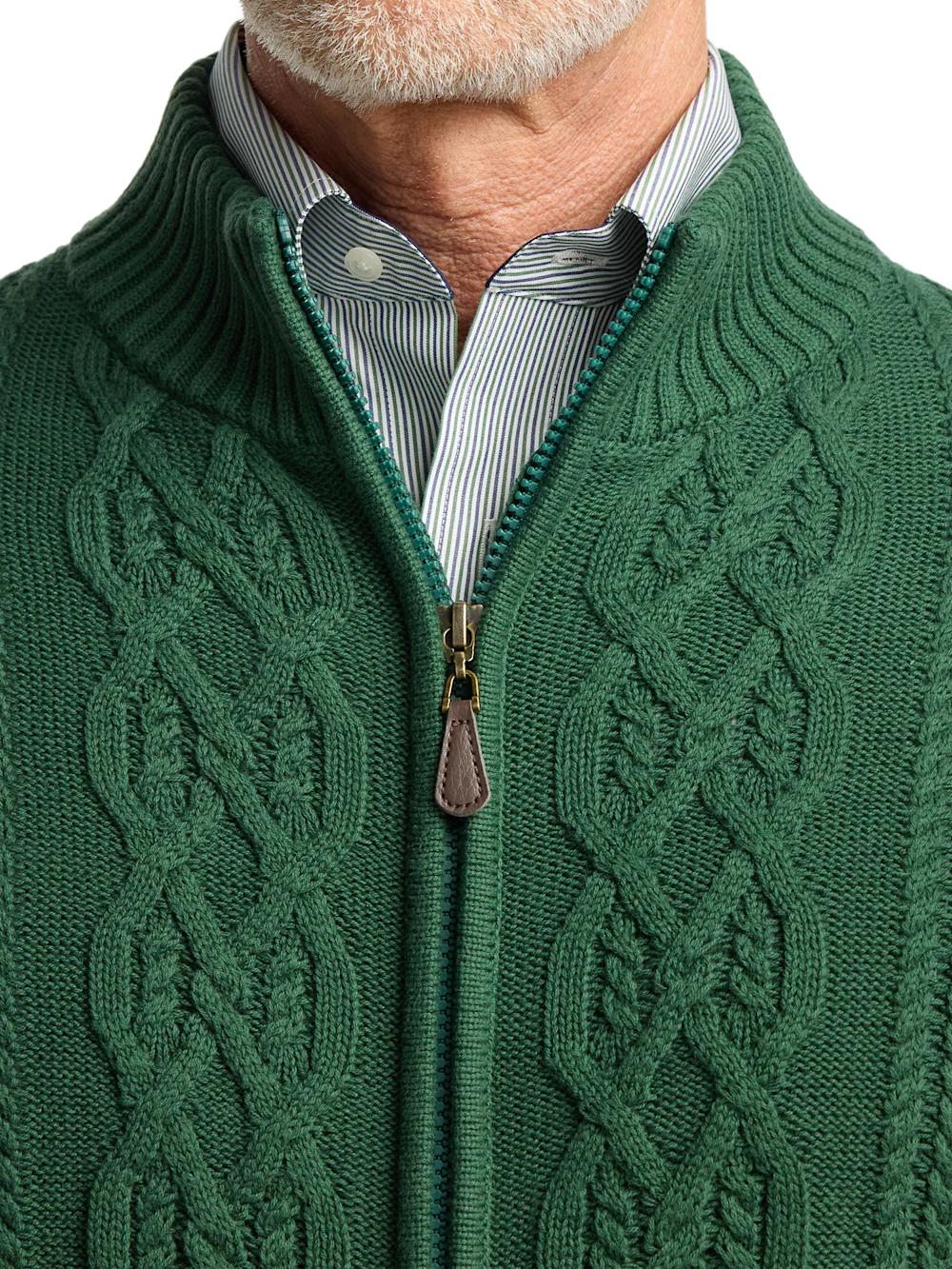 Cotton Cable Full Zip Mock Neck Sweater - Green - Image 3