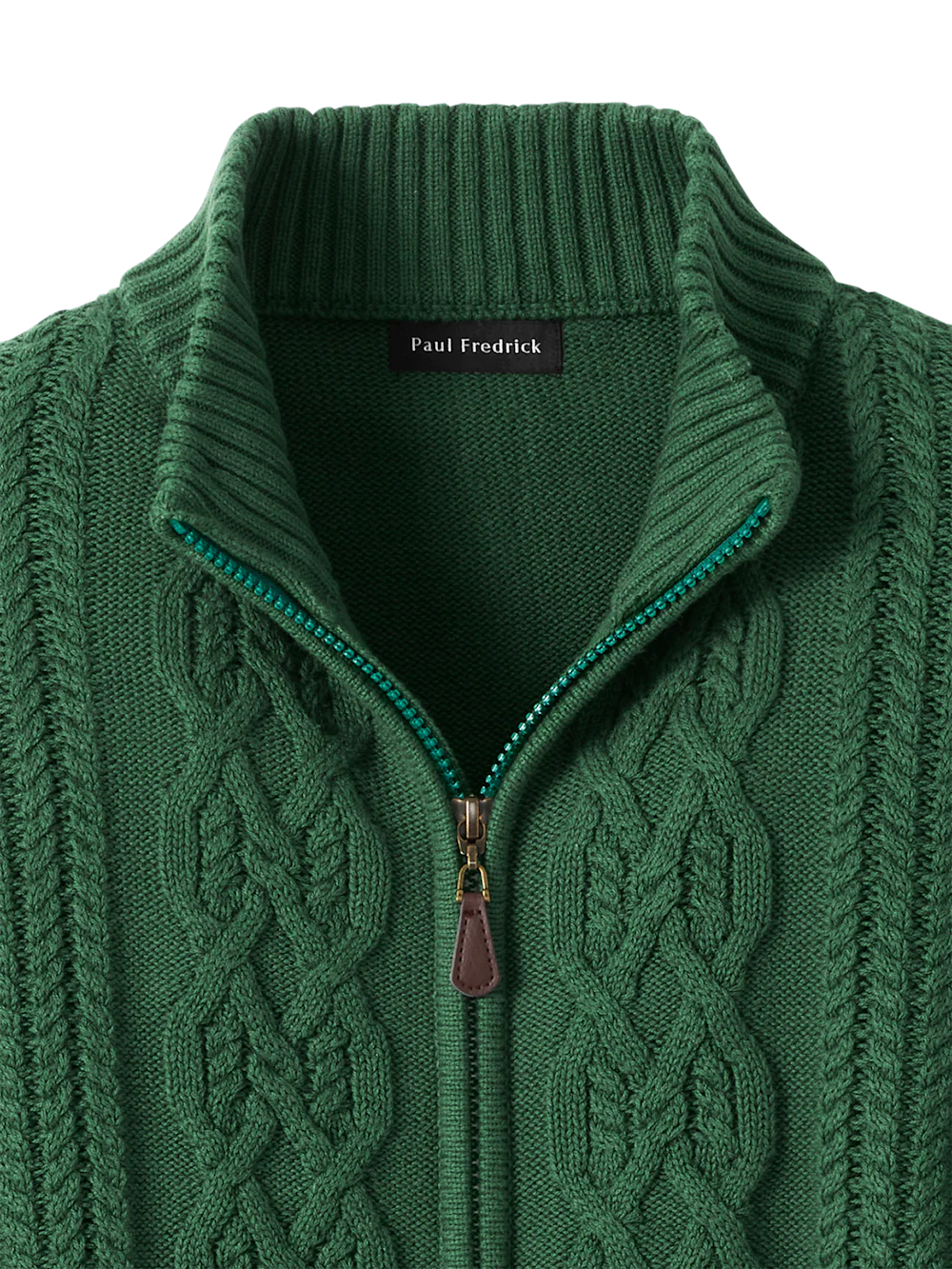 Cotton Cable Full Zip Mock Neck Sweater - Green - Image 6