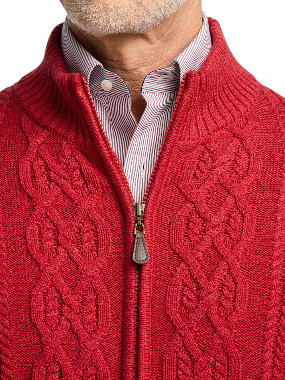 Cotton Cable Full Zip Mock Neck Sweater - Red - Image 3