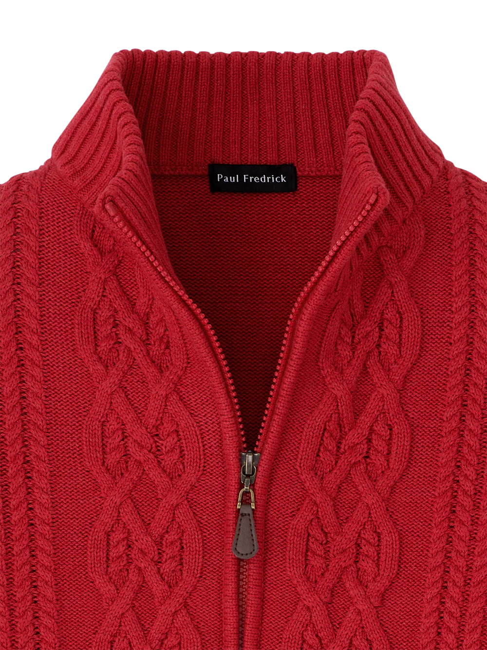 Cotton Cable Full Zip Mock Neck Sweater - Red - Image 6