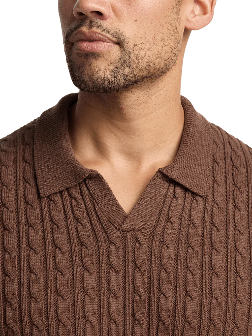 Cotton Cable V-neck Polo - Brown - Image 3