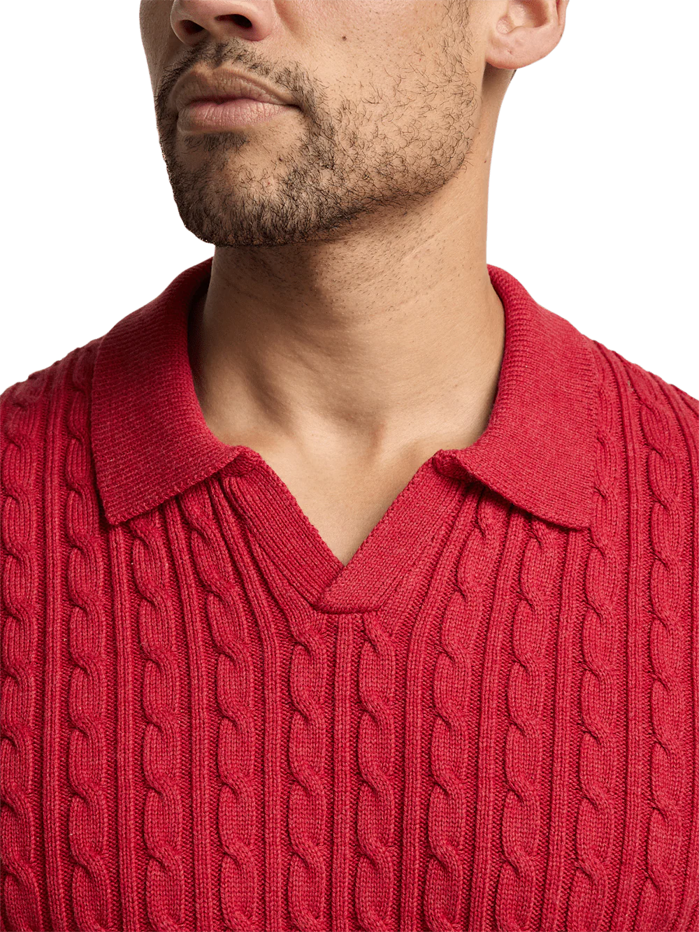 Cotton Cable V-neck Polo - Red - Image 3