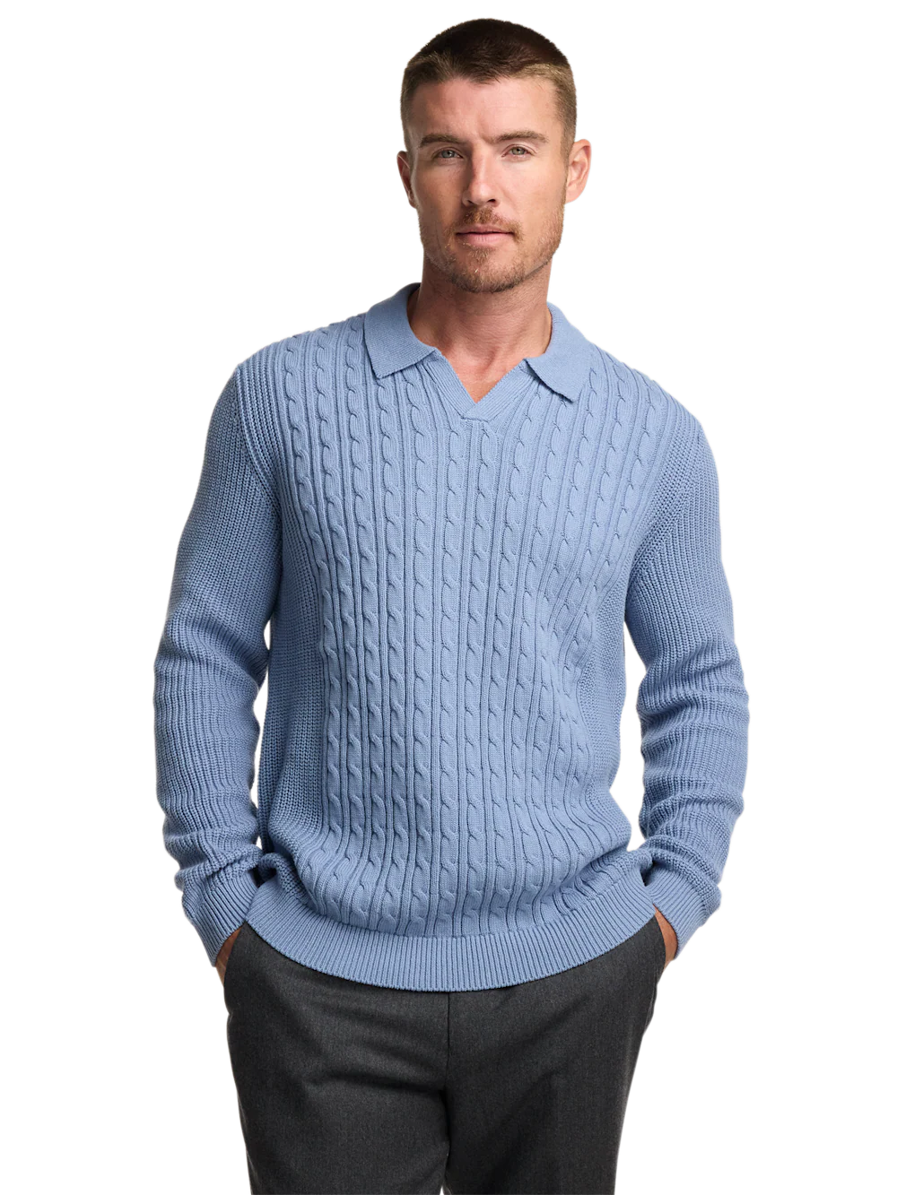 Cotton Cable V-neck Polo - Blue - Image 2