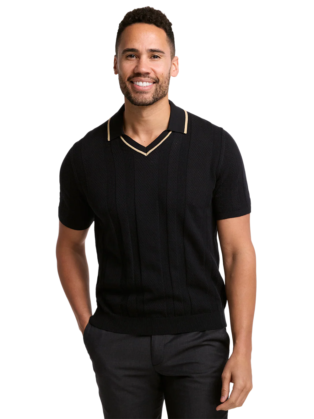 Cotton Crochet V-Neck Polo - Black - Image 2