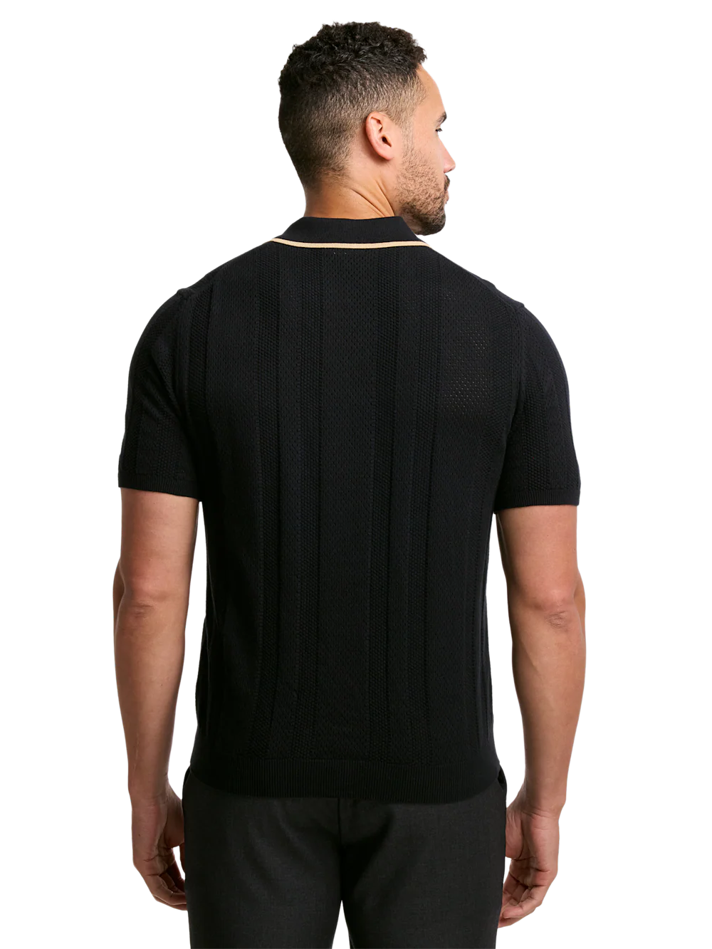 Cotton Crochet V-Neck Polo - Black - Image 5