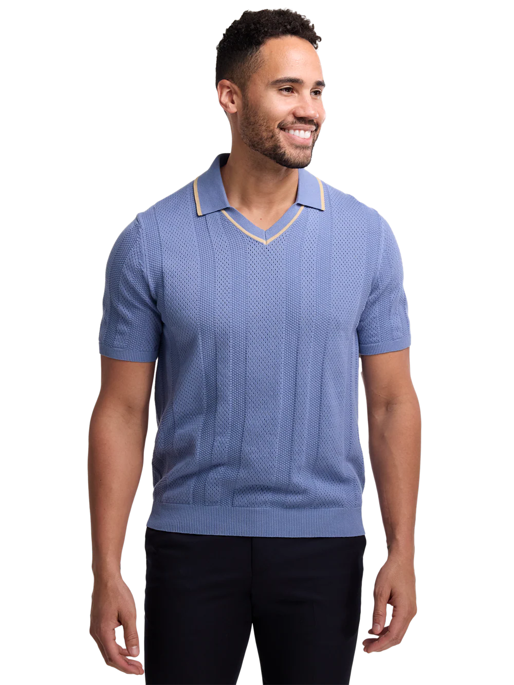Cotton Crochet V-Neck Polo - Blue - Image 2