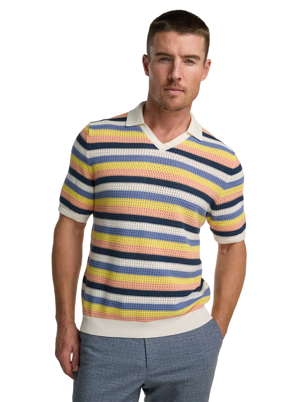 Cotton Crochet V-Neck Polo - Multi - Image 2
