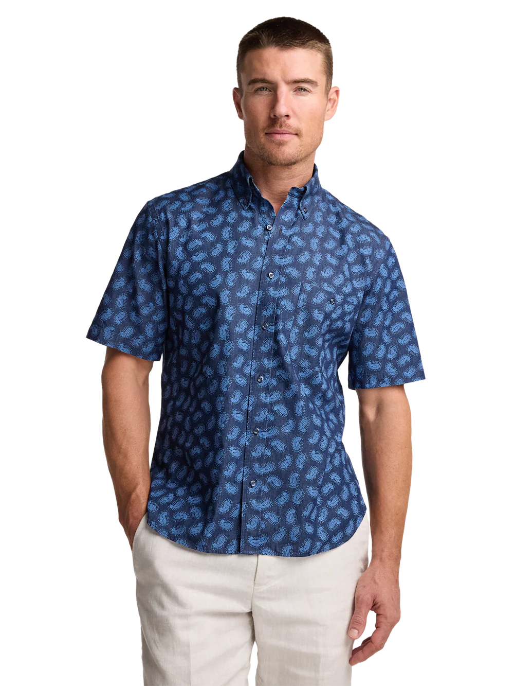 Cotton Denim Paisley Casual Shirt - Dark Navy - Image 2