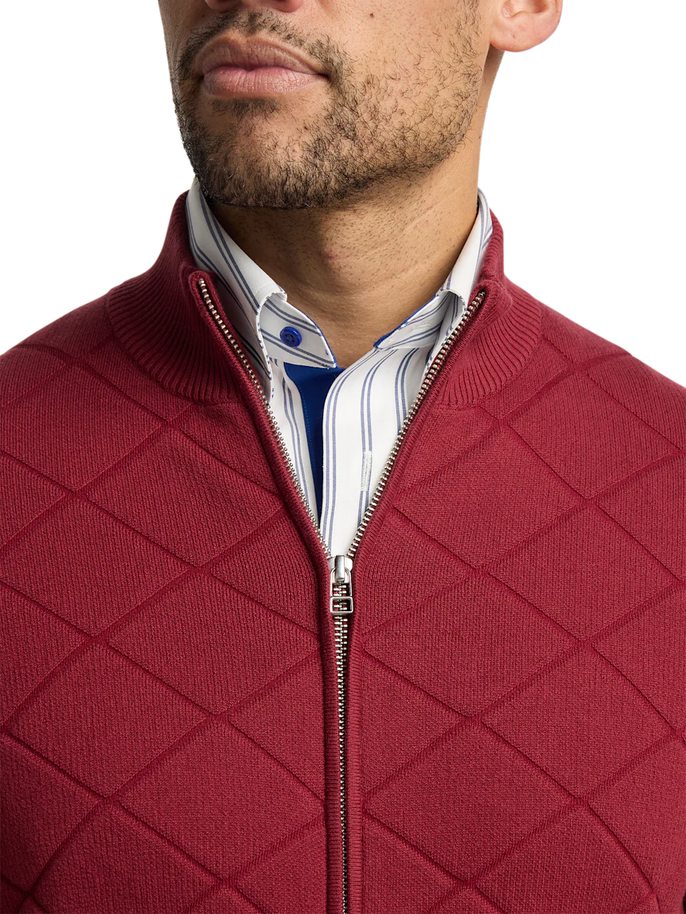 Cotton Full Zip Mock Neck Sweater Jacket - Burgundy - Image 3