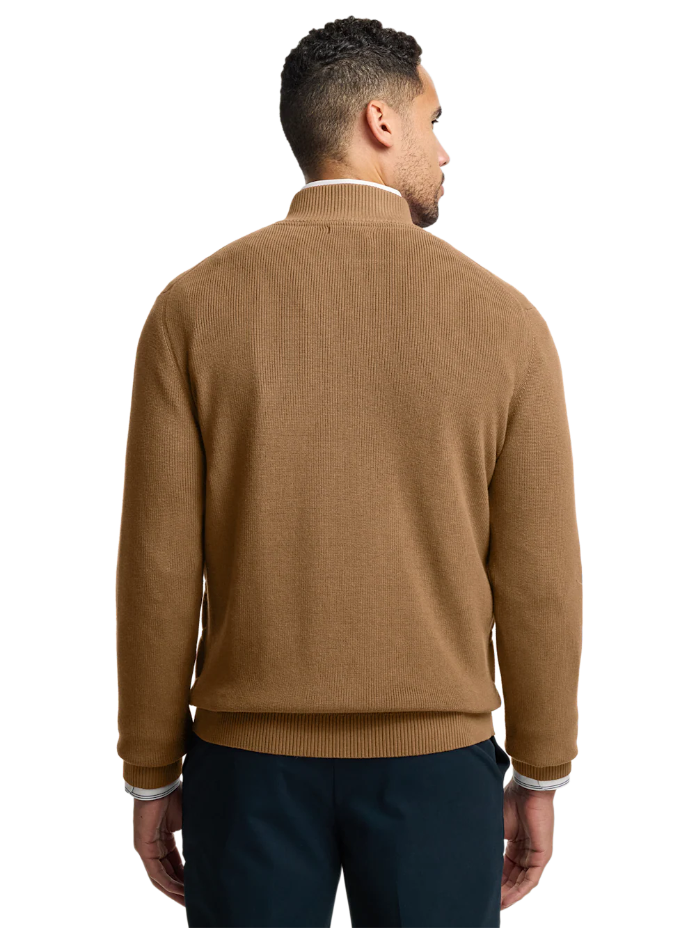 Cotton Full Zip Mock Neck Sweater Jacket - Camel - Image 5