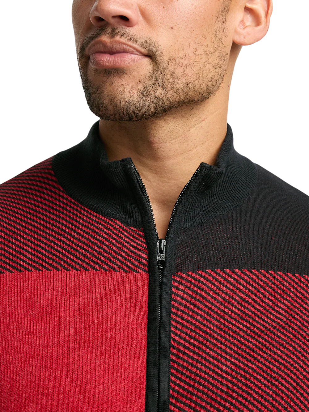 Cotton Full Zip Mock Neck Sweater - Red/black - Image 3