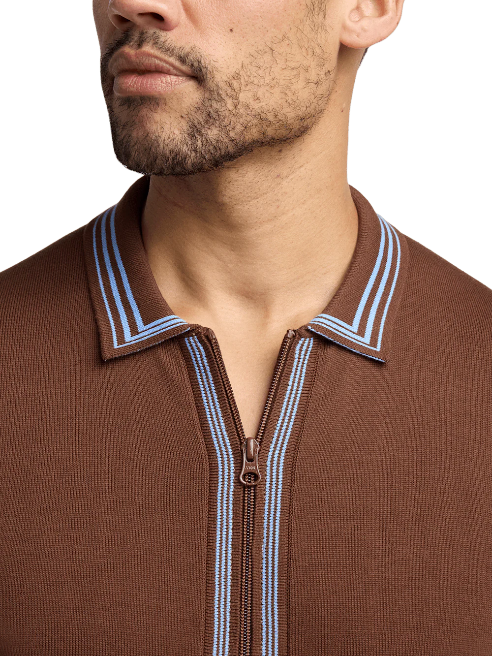 Cotton Full Zip Polo - Brown - Image 3