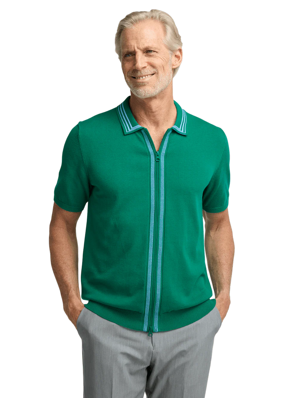 Cotton Full Zip Polo - Green - Image 2