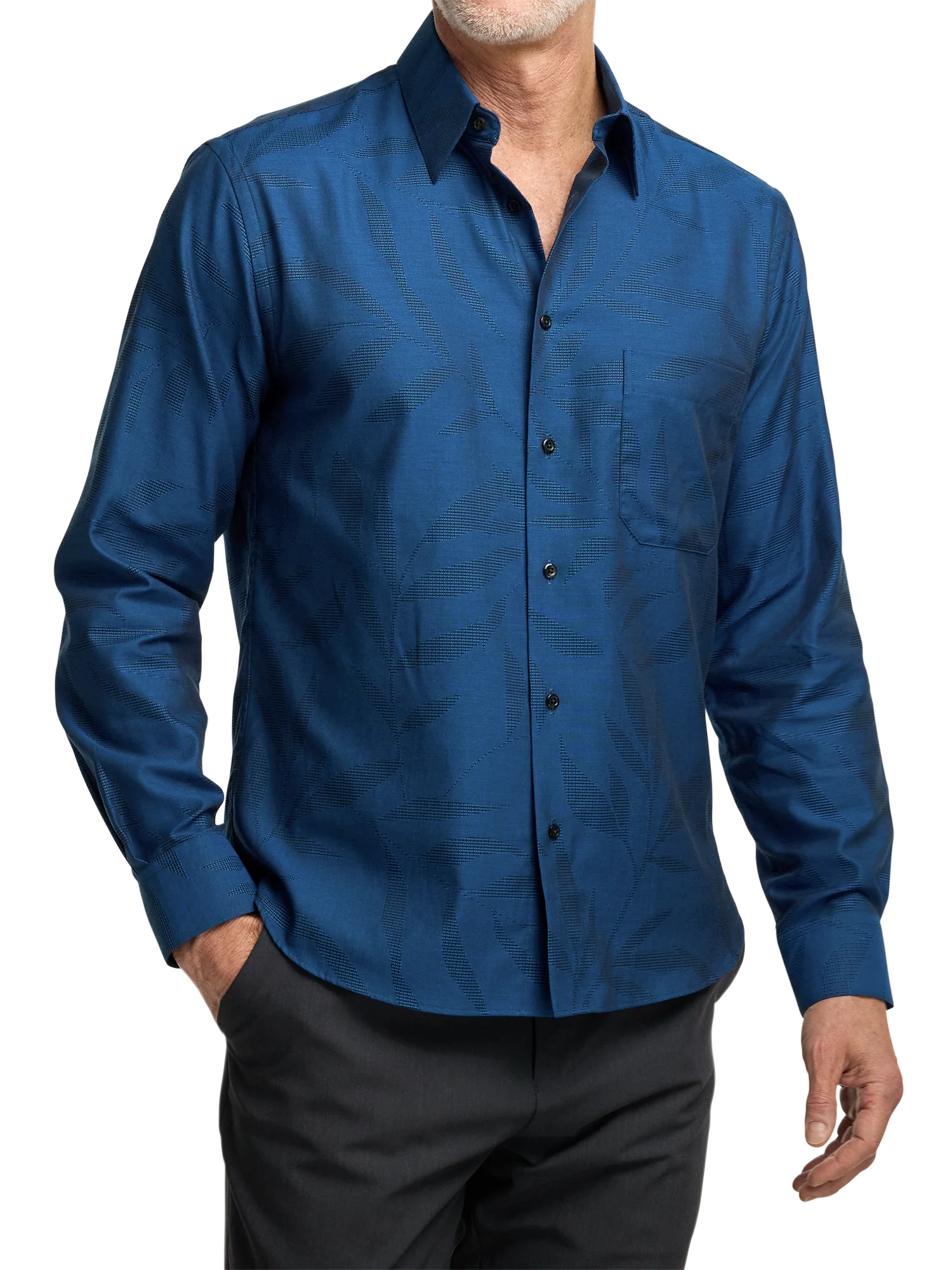 Cotton Leaf Jacquard Casual Shirt - Blue - Image 5