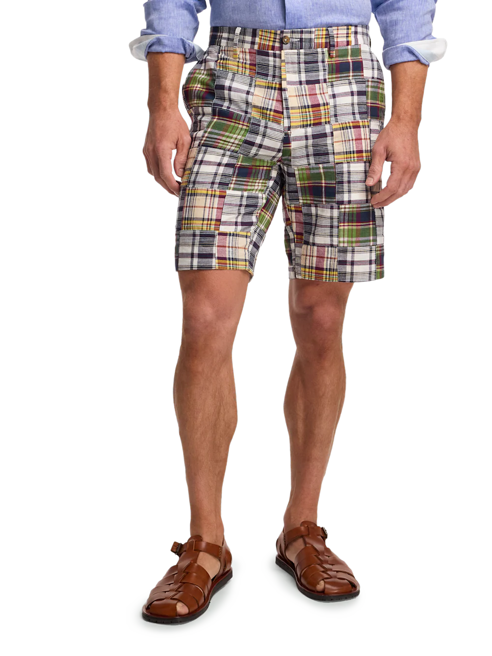 Cotton Madras Flat Front Shorts - Blue Multi - Image 2