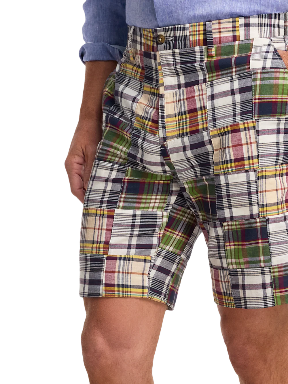 Cotton Madras Flat Front Shorts - Blue Multi - Image 3