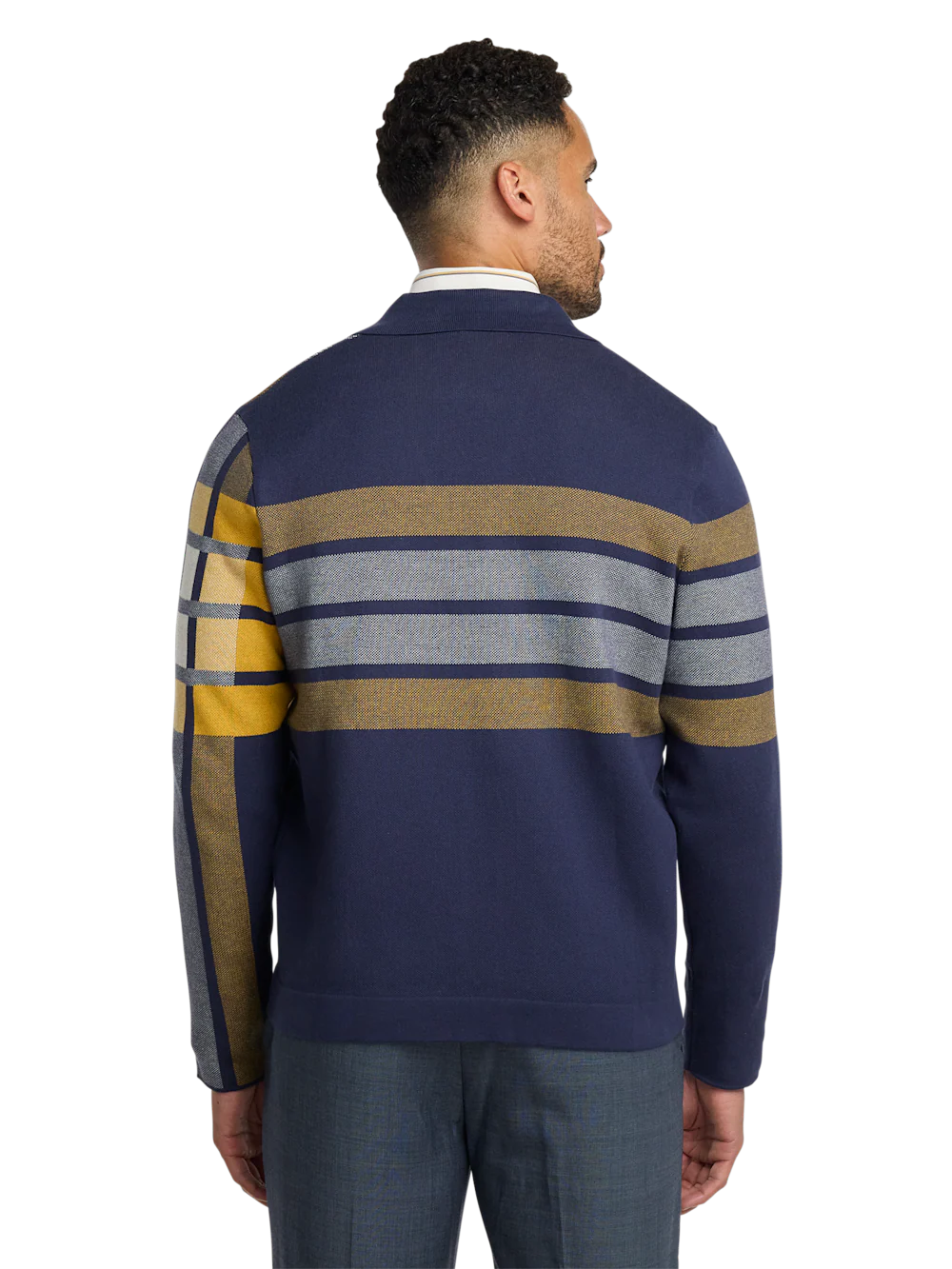 Cotton Notch Lapel Cardigan Sweater - Navy/gold - Image 5