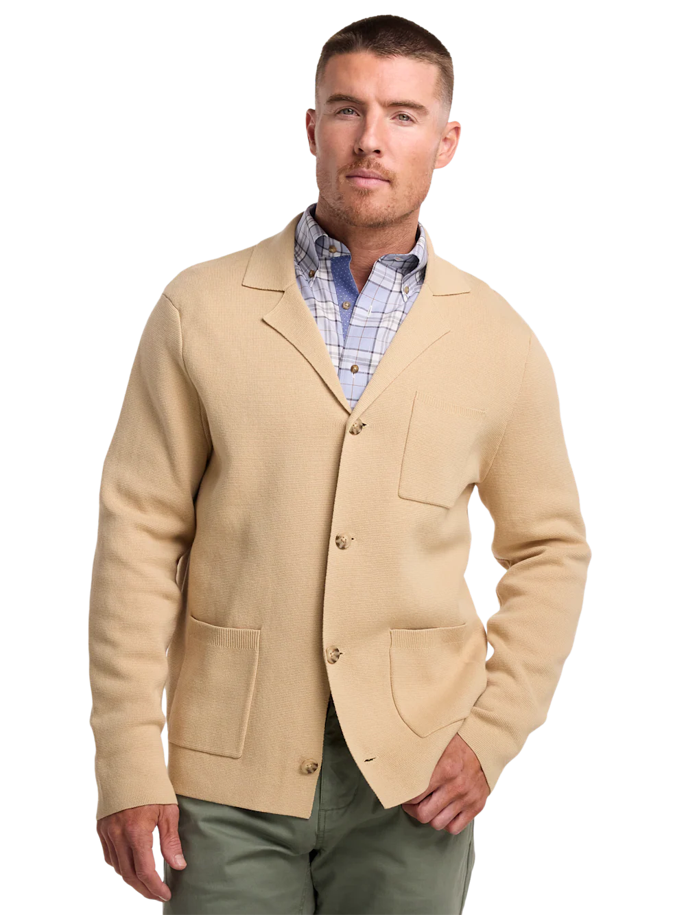 Cotton Notch Lapel Cardigan Sweater - Tan - Image 2