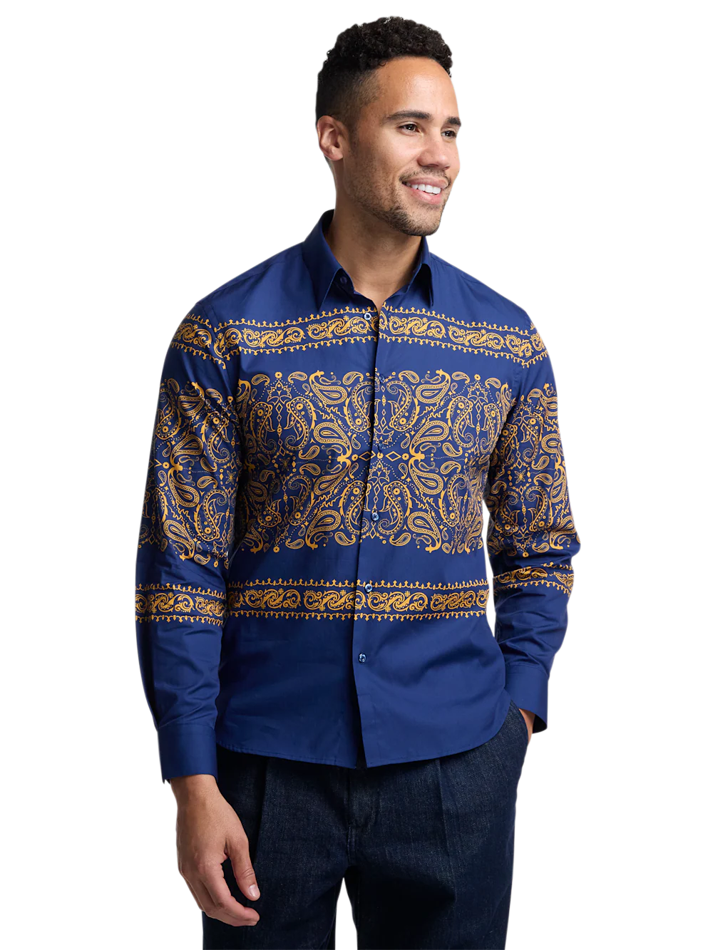 Cotton Paisley Point Collar Casual Shirt - Blue/gold - Image 2