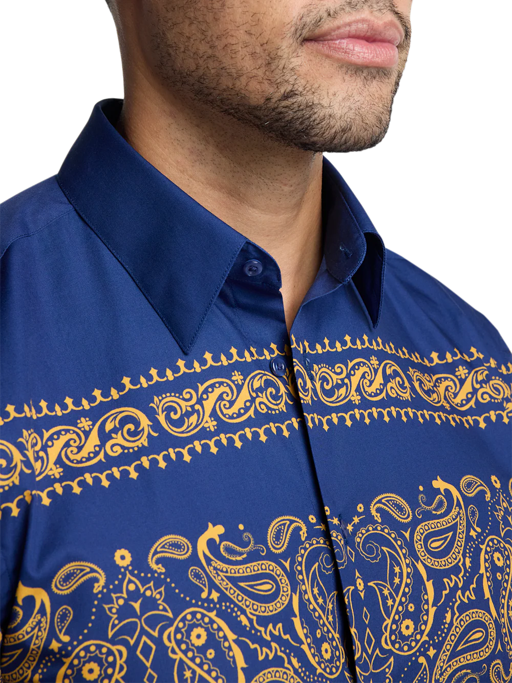 Cotton Paisley Point Collar Casual Shirt - Blue/gold - Image 4