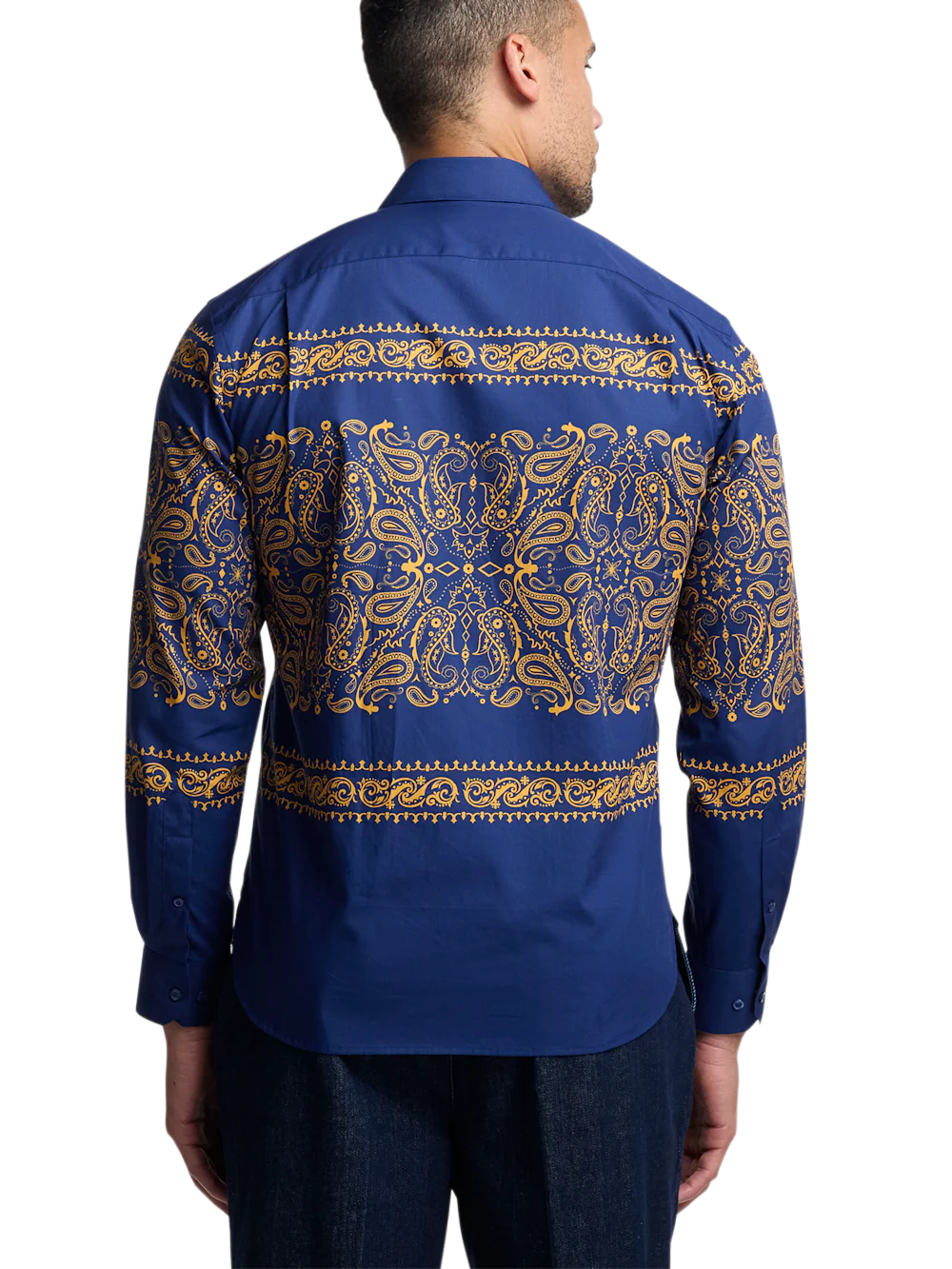 Cotton Paisley Point Collar Casual Shirt - Blue/gold - Image 6