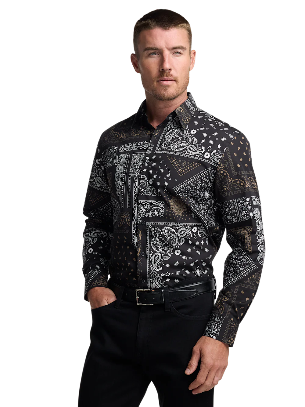 Cotton Paisley Point Collar Casual Shirt - Black/brown - Image 3