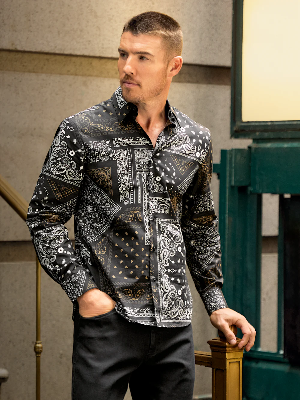 Cotton Paisley Point Collar Casual Shirt - Black/brown - Image 9