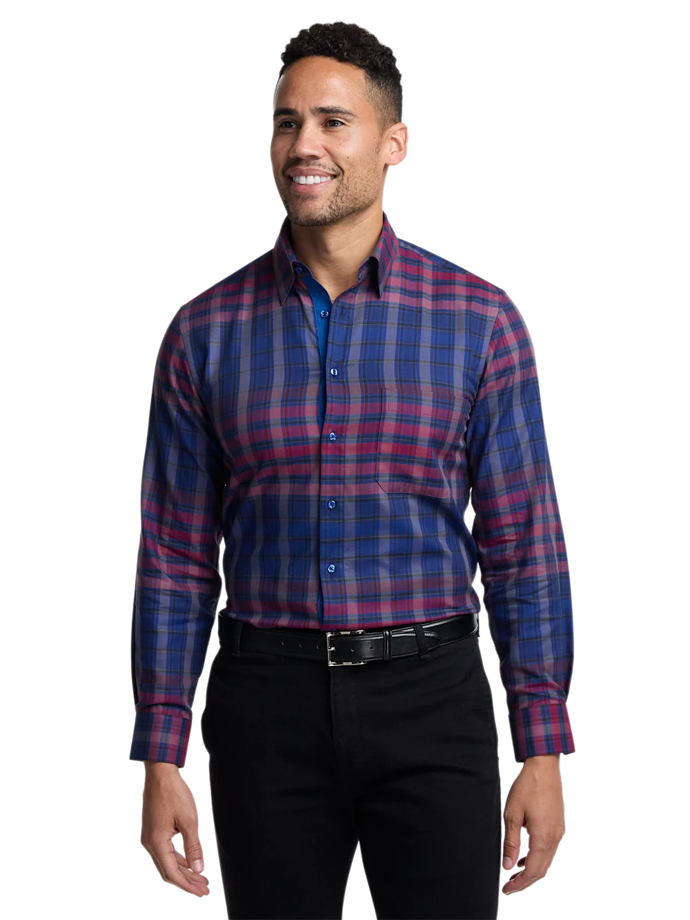Cotton Plaid Point Collar Casual Shirt - Blue/burgundy - Image 3