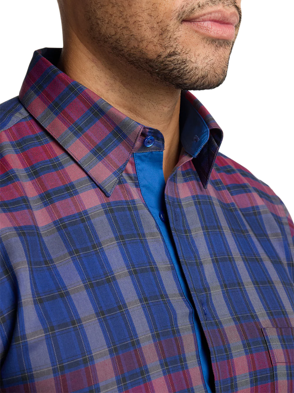 Cotton Plaid Point Collar Casual Shirt - Blue/burgundy - Image 4