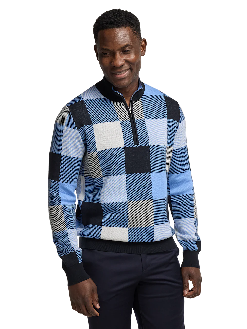 Cotton Quarter Zip Mock Neck Sweater - Blue Multi - Image 2