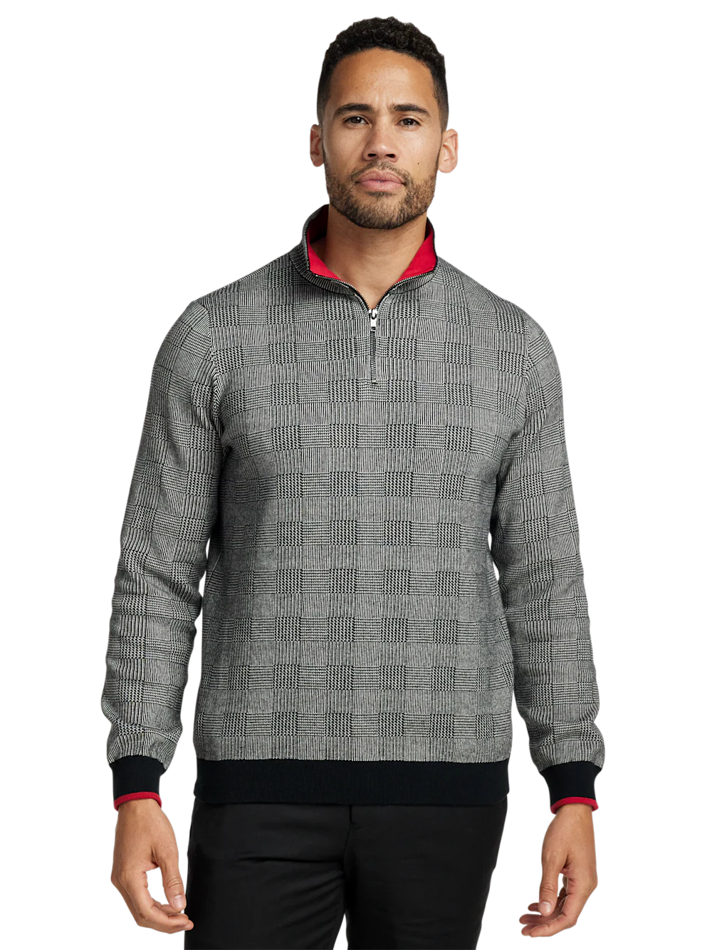 Cotton Quarter Zip Mock Neck Sweater - Black/white Glen Plaid - Image 2