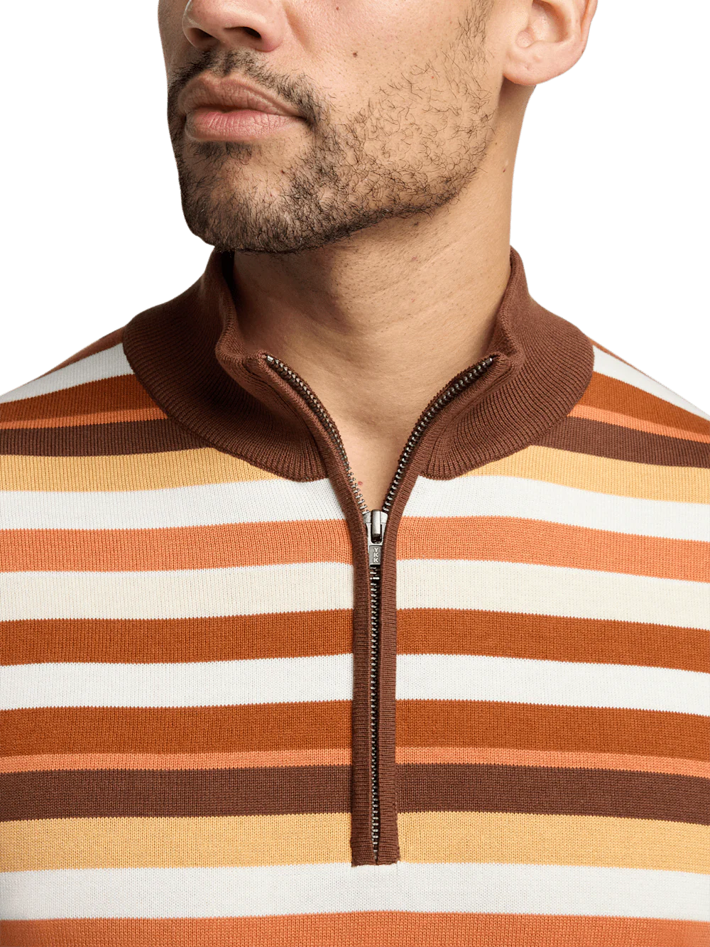 Cotton Quarter Zip Mock Neck Sweater - Brown Multi - Image 3