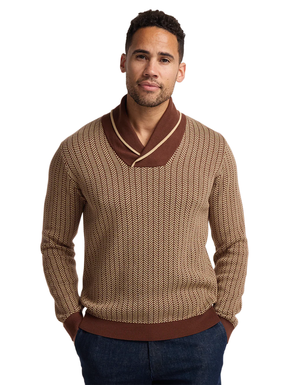 Cotton Shawl Collar Pull Over Sweater - Ivory/brown - Image 2