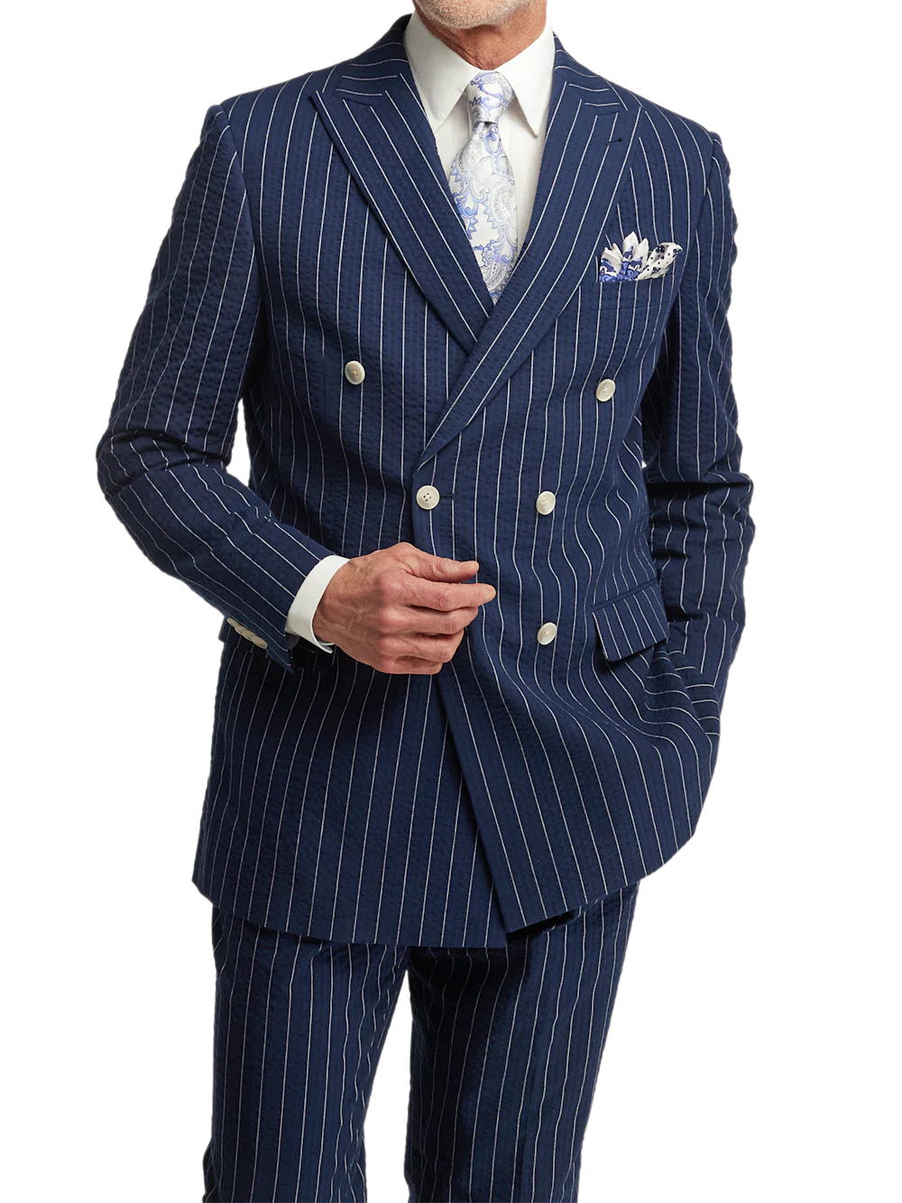 Cotton Stretch Pinstripe Seersucker Double Breasted Peak Lapel Suit Jacket - Navy - Image 2