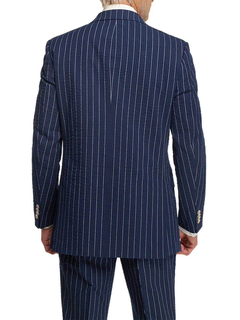 Cotton Stretch Pinstripe Seersucker Double Breasted Peak Lapel Suit Jacket - Navy - Image 7