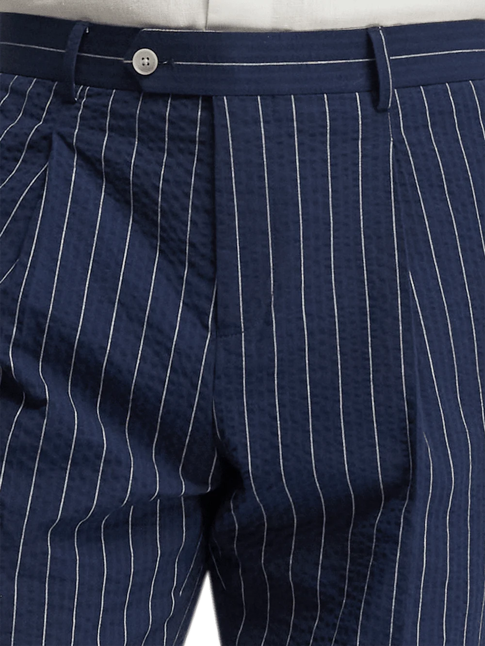 Cotton Stretch Pinstripe Seersucker Single Pleat Suit Pants - Navy - Image 3