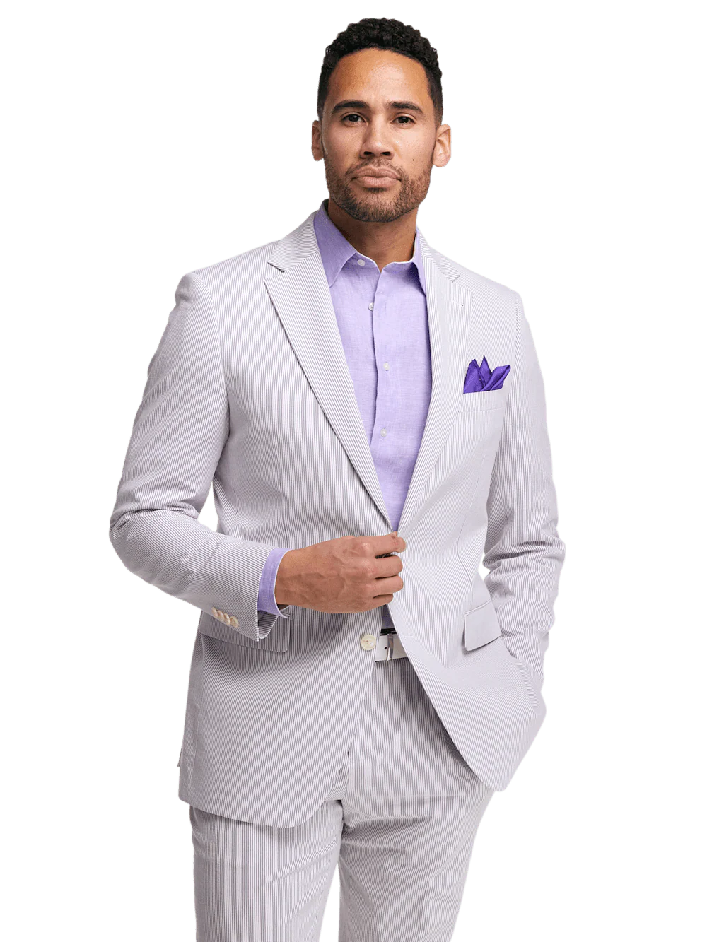 Cotton Stretch Stripe Seersucker Single Breasted Notch Lapel Suit Jacket - Purple/white - Image 2