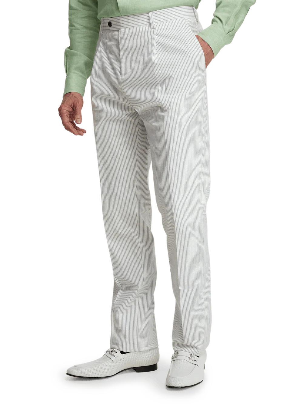 Cotton Stretch Stripe Seersucker Single Pleat Suit Pants - White/blue - Image 4