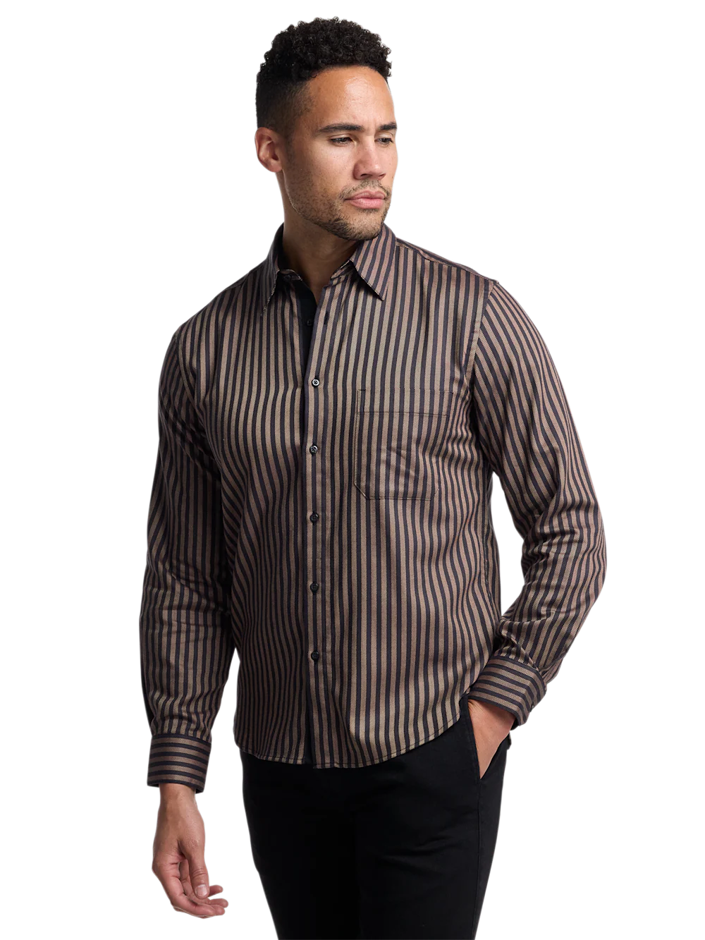 Cotton Stripe Point Collar Casual Shirt - Brown/black - Image 2