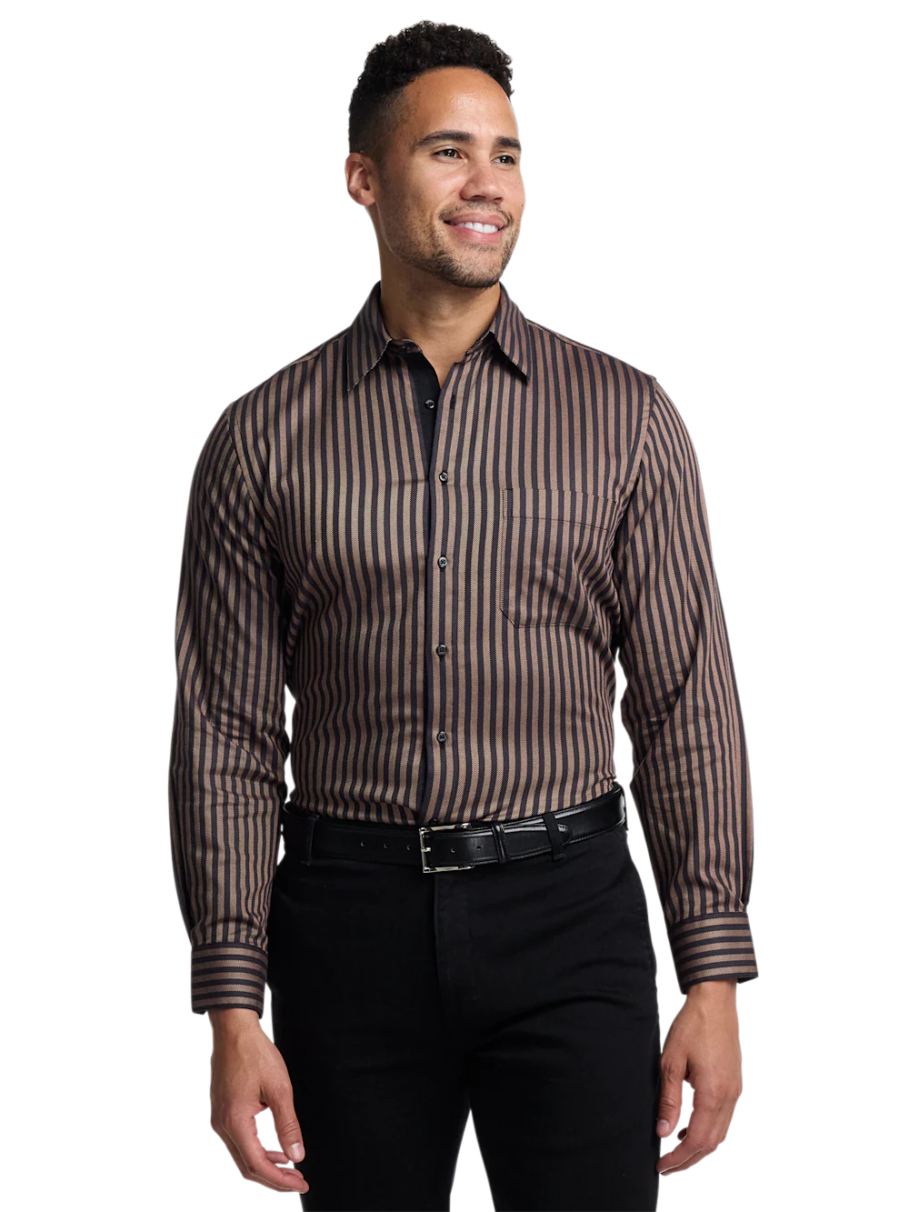 Cotton Stripe Point Collar Casual Shirt - Brown/black - Image 3