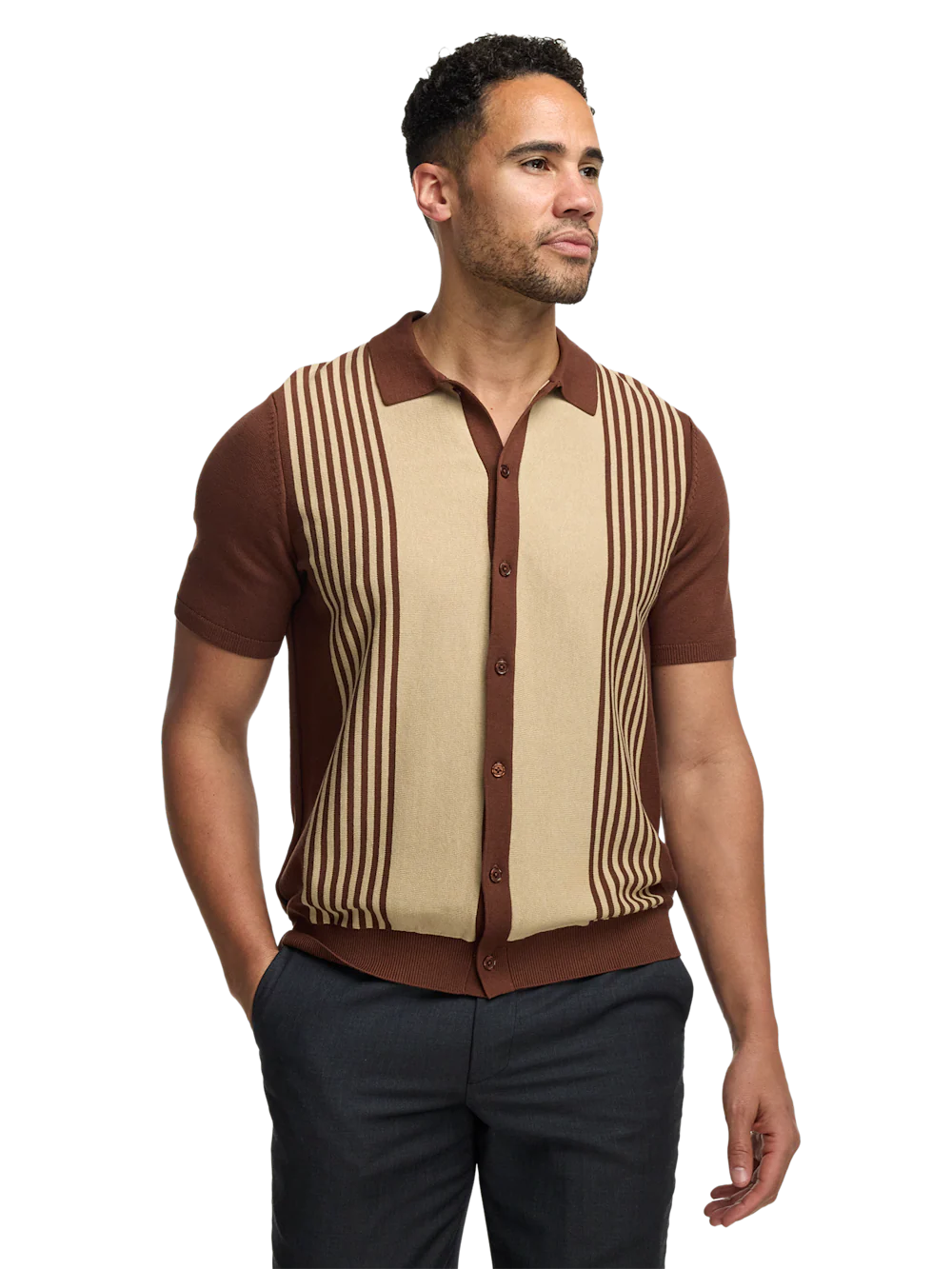 Cotton Three Button Front Polo - Brown - Image 2