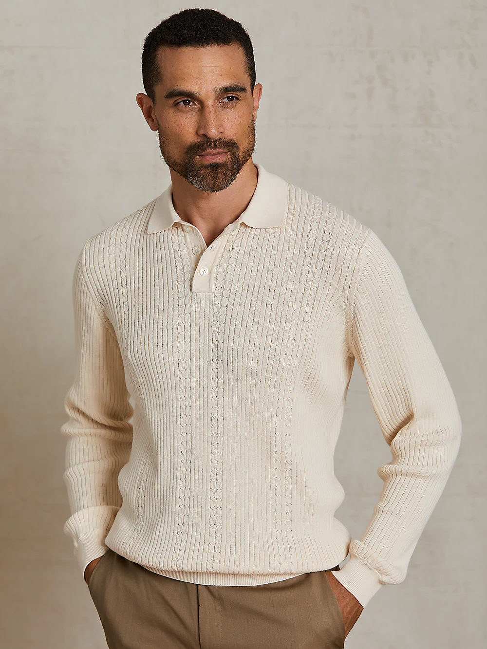 Cotton Three Button Polo - Ivory - Image 7