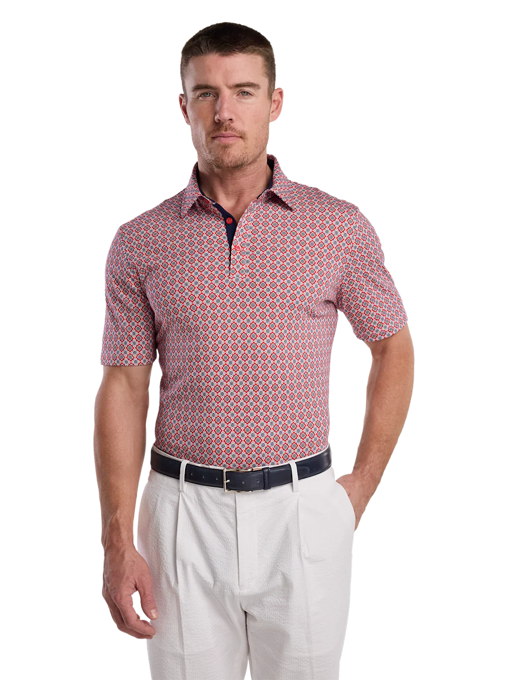 Cotton Three Button Polo - Red Multi - Image 3