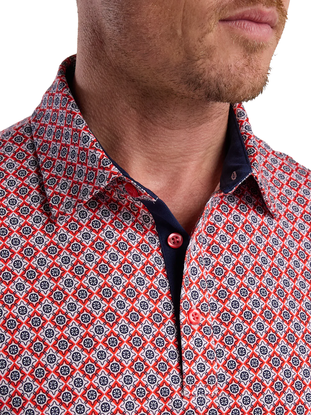 Cotton Three Button Polo - Red Multi - Image 4