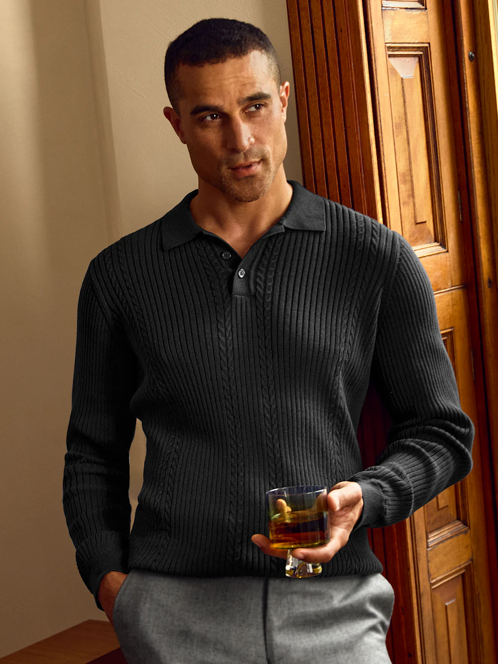 Cotton Three Button Polo - Black - Image 7