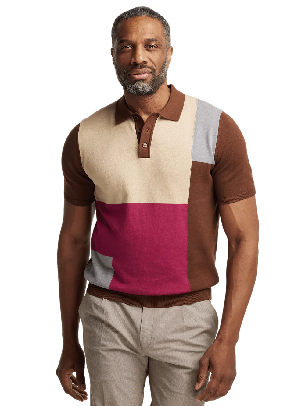 Cotton Three Button Polo - Brown Multi - Image 2